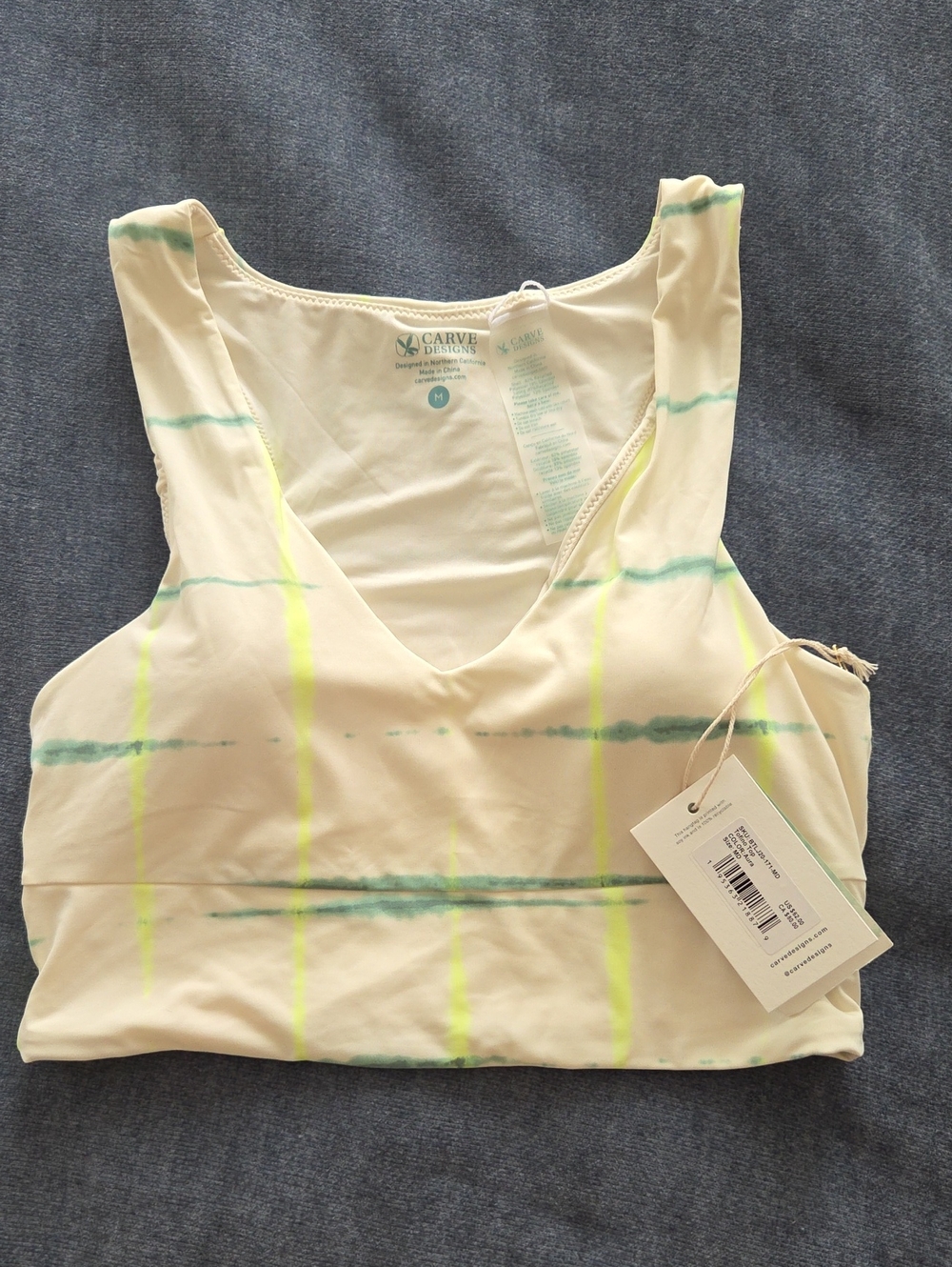 Carve Designs Cream Swim Bikini Top with Green & Neon Yellow Stripes